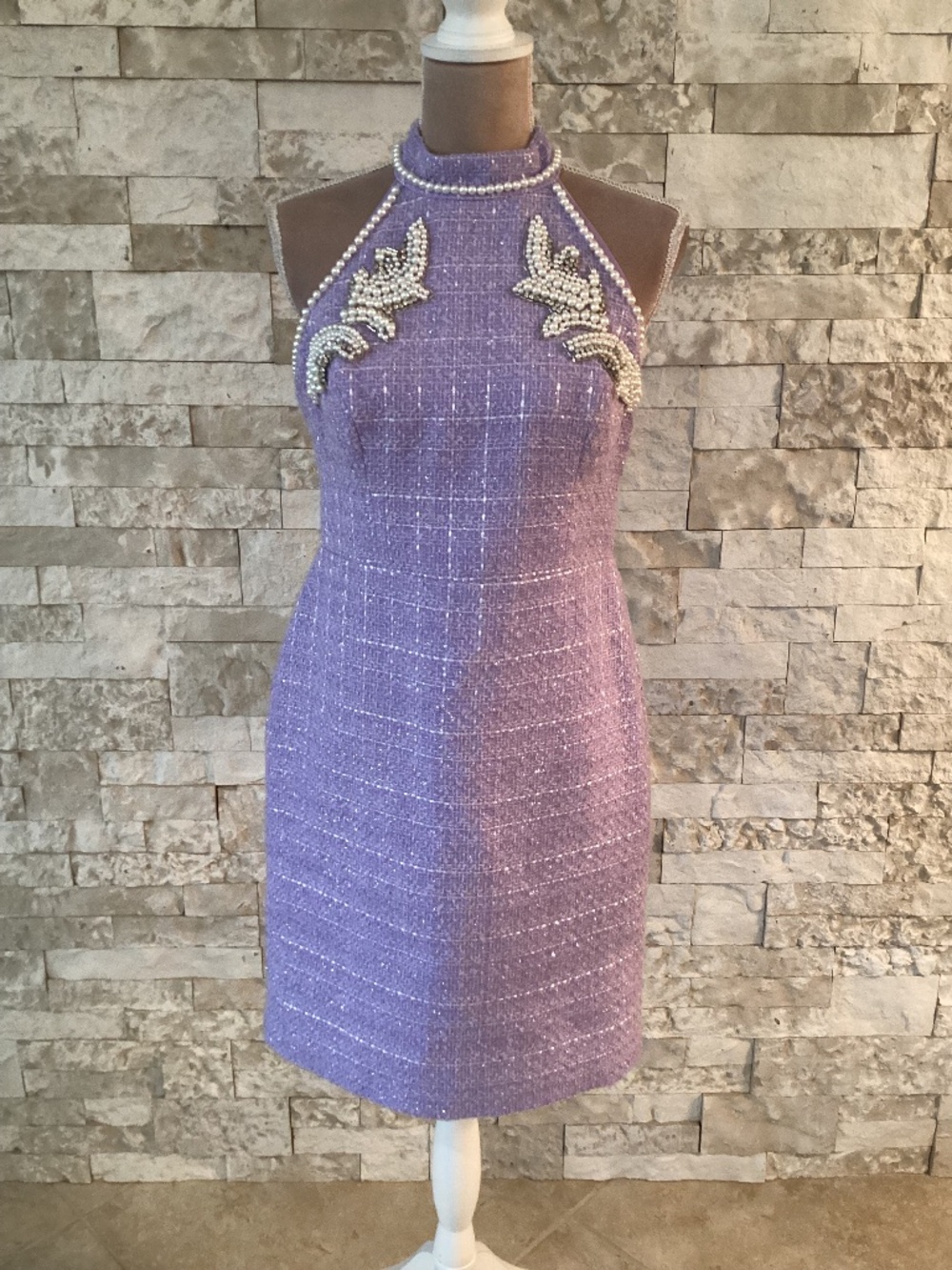 Boston Proper Pearl Embellished Tweed Mock Neck Sheath Dress